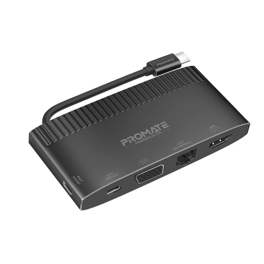 Promate 6-in-1 Highly Versatile USB-C Media Hub with 100W Power Delivery in Qatar Promate 6-in-1 Highly Versatile USB-C Media Hub with 100W Power Delivery in Qatar